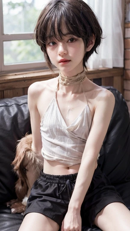 14 year old petiite cute girl in tank top, armpits, arms up, pale skin, white american, dyed blonde hair, gothic, handcuffs, bdsm, metal music, flat chested, tied up