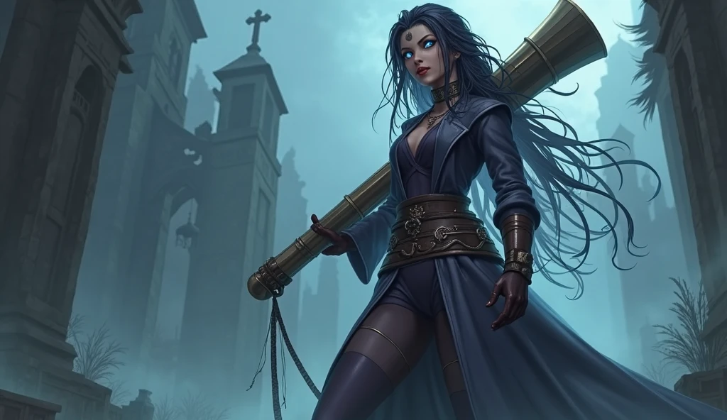 Yennefer of Vengerberg. Stern face. black backdrop. Zippers in the hands