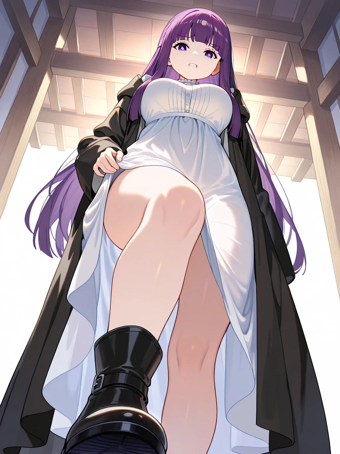 Best Quality, (masutepiece:1.2), Highly detailed,Fate/Stay in the background, Blue theme,Medusa_nffsw,1girl in, Solo, Looking at the viewer, Closed mouth,absurdly long hair, Purple hair, Floating hair,Dress, Short dress, (black thighhighs:1.3), Strapless, Detached sleeves, forehead mark, Choker, cleavage、Naughty big、large full breasts、(White panty:1.3)、(Fully exposed panties:1.5)、(Squatting:1.3)、blue-sky、plein air、outside of house、