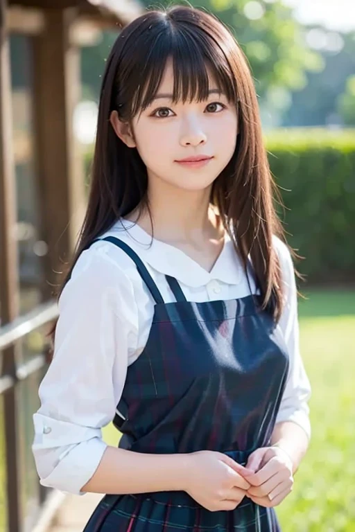 Best image quality, Focus, Soft light, Black hair, (Japanese)), (((Front, 15 years old))), (Depth of field), Ultra high resolution, (Real: 1.4), RAW photo, ((waitress uniform))