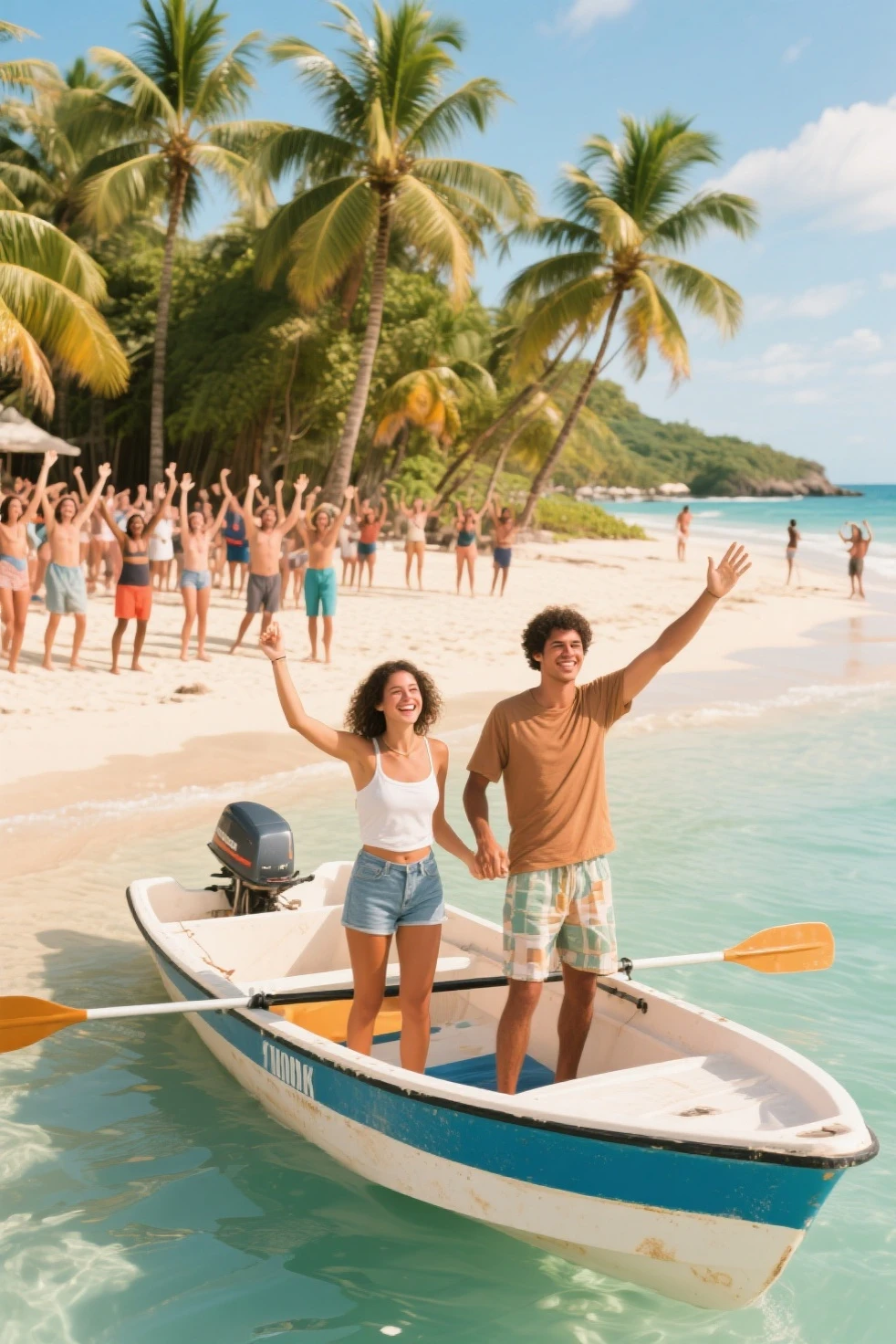 RAW photo, a portrait photo of 40 y.o billionaire white man and super attractive wife together celebrating life, casual style, standing in a bikini at his super yacht wondering about life, natural skin, 8k uhd, high quality, film grain, Fujifilm XT3, full body and head straight in the photo, facing the viewer of the photo, eyes fixed to the lens, appears shoulders and head in the photo, man and woman centered in the photo, 8k, best quality, masterpiece, realistic, realistic photo, movie photo, ultra realistic, 2 person, detailed, perfect lighting, DSRL, professional photo, 4k, background full view of the ultra-luxury beach front Caribbean villa with inanity pool in the summer with his attractive wife in the poll relaxing with a cocktail, 16:9 aspect ratio