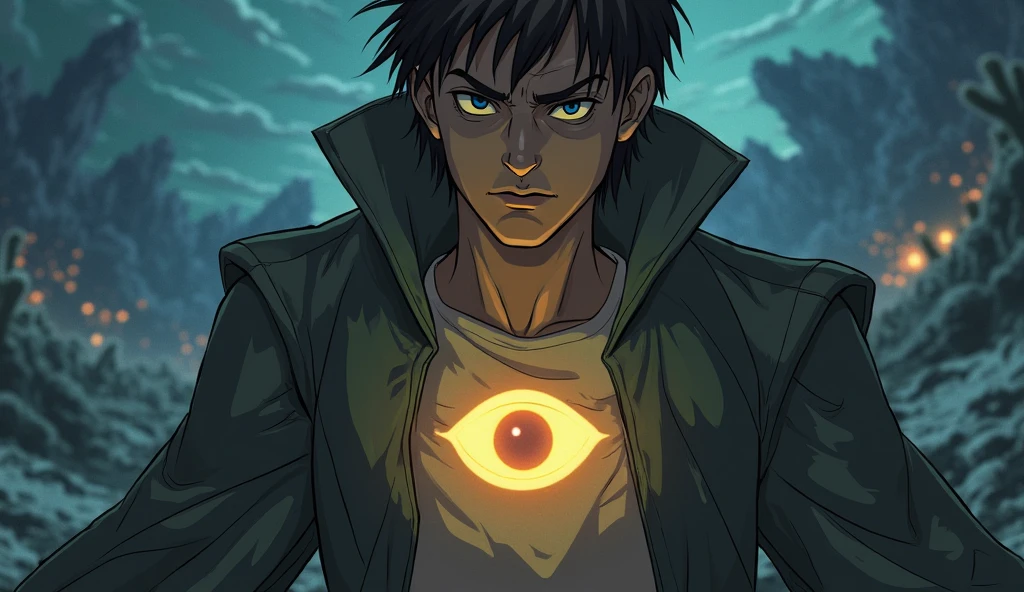 Man in green hood, Mysterious and dark face, There was a green glow in his eyes, Glowing landscape in the background