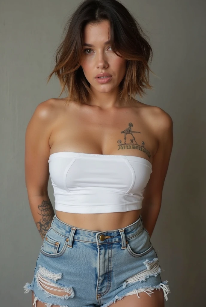 masterpiece, best quality:1.2), photo-realistic, Emma Watson, Instagram fashion model, beautiful, female, partially dressed, (full body image,:1.6) short grey hair, front facing, , 8K, lights, peaceful, relaxed, (best quality, ultra-detailed, masterpiece, high resolution),(dynamic angle, dynamic lighting),(1girl),(masterpiece, top quality, high quality, 'overcome' tattoo on her stomach, shoulder tattoos, beautiful and aesthetic:1.2), (1girl:1.3), full body tattoos,