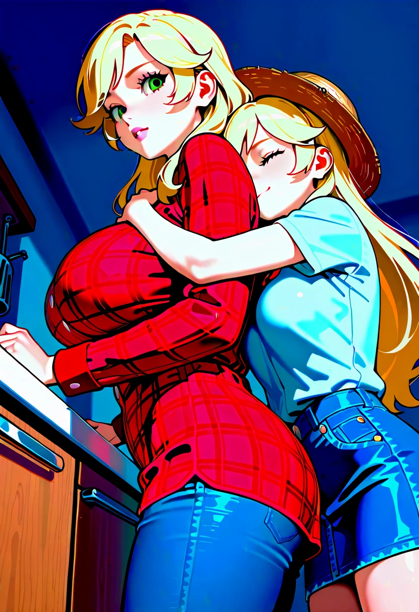 2heads, a short chubby woman with 2 heads. She has enormous breasts. She is wearing a red plaid flannel shirt and jeans. She is wearing a trucker's hat. She is in a big truck. She has blonde hair in a ponytail. She has gigantic breasts. She is blushing. She is smiling wide.