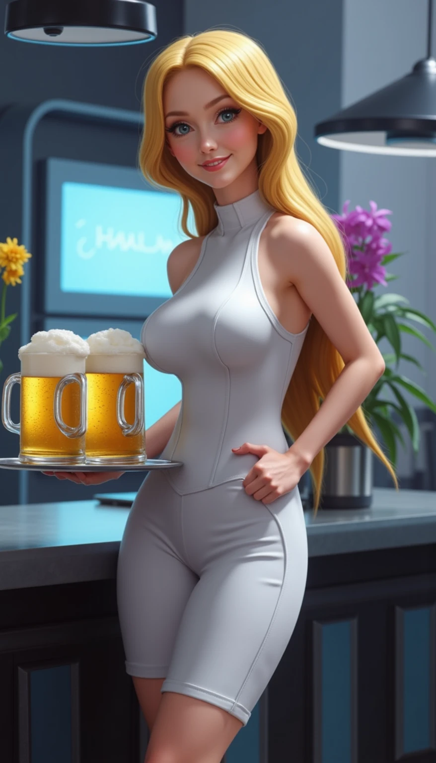 best quality, 8k, woman,blonde,beautiful,big eyelashes, little smile, looking to observer, cleavage,gray militar camouflage leotard over beige bodystocking, holding one beer glass