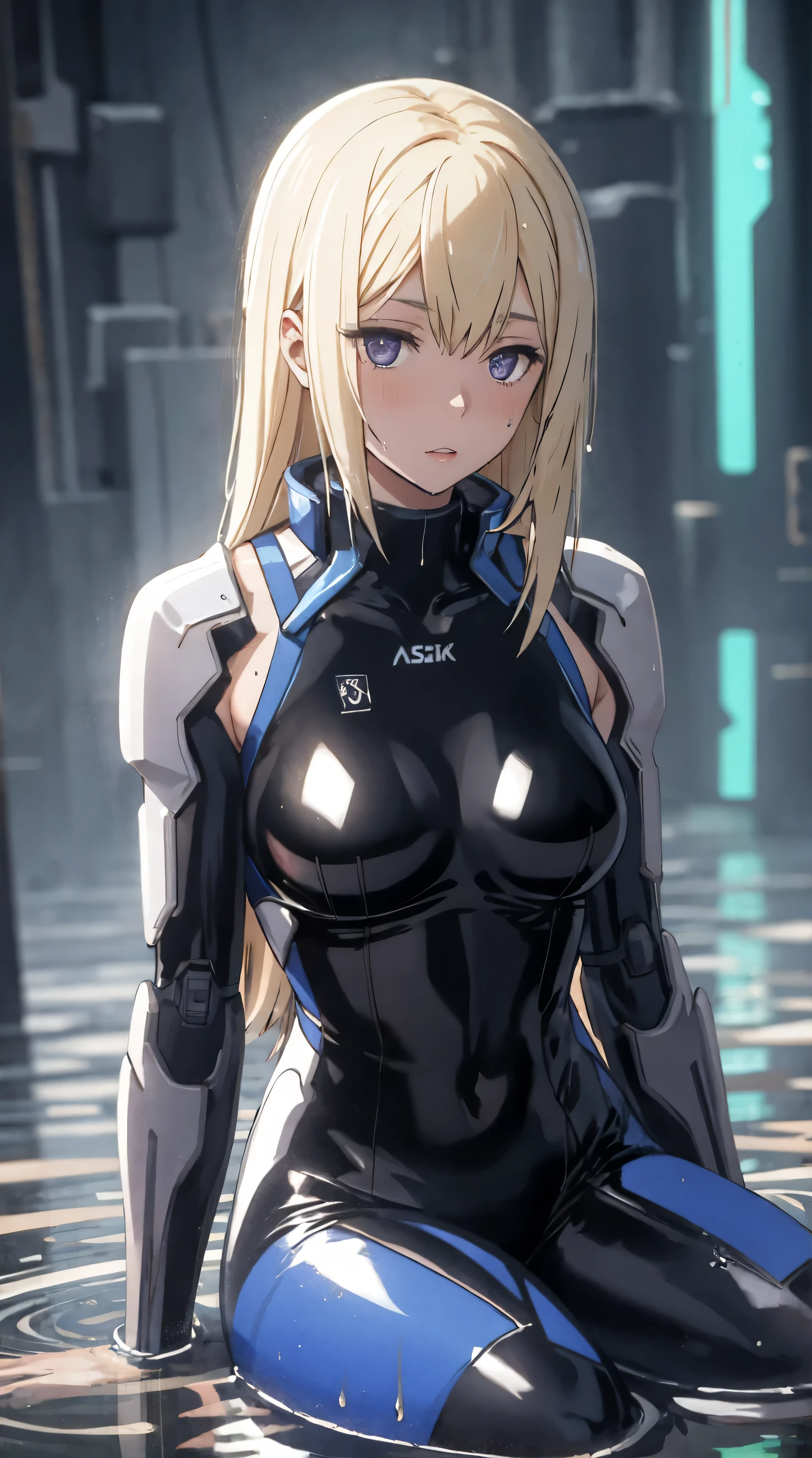 Ais Wallenstein, Alafard woman in a wetsuit sitting in a puddle, glossy wet skin!!, Wet shiny skin, made of liquid purple metal, broken beautiful female android!, beautiful female android!, perfect android girl, seductive anime girls, Biomechanical OPPAI, an oppai cyberpunk, Drenched Body, Blue body, Latex skin, Cyborg girl, Wet look