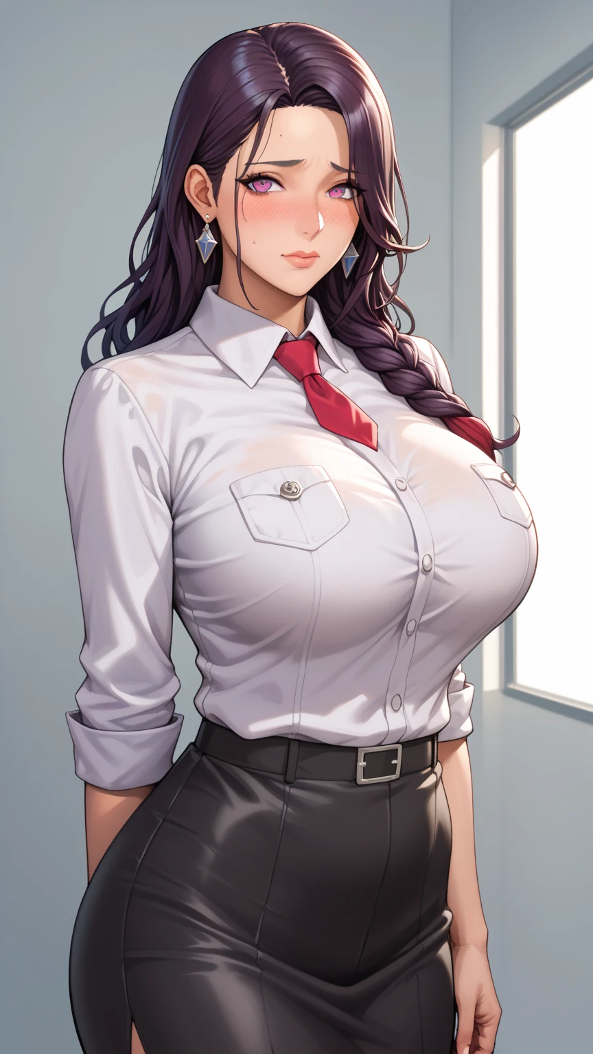 Daisy has big boobs and is wearing her white shirt with purple tie pants and a big boob hole 