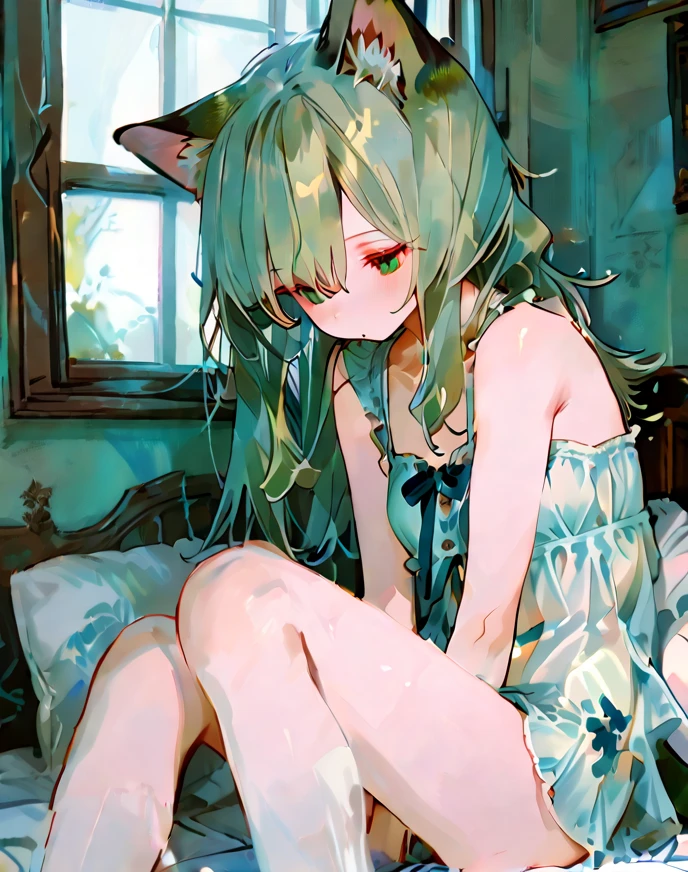 (Masterpiece, High Quality, Top quality, High-Detailed, Detailed CG, Cinematic Shadow, Cinematic Scene, Beautiful Detailed Eyes, Ultra Resolution, Depth of Field, High Resolution, Masterpiece: 1.2), Anime art style, Very detailed, Dynamic Angle, Teen Style, Detailed Green Hair, Detailed Blue Eyes, Slim Body, Cat Ear, Sparkling Eyes, Hair Accessory, Earrings, Slightly Blunt Bangs, Looking at the Audience, (Blush Expression:1.2), (Angry Expression:1.2), (Dark Green Hair), Purple Eye, Five Fingers, Good Composition, On Bed, Lying On Bed, Arms, Legs, Feet, Thighs, Medium Breasts, Medium Size Breasts, Blur Background, Chinese Architectures