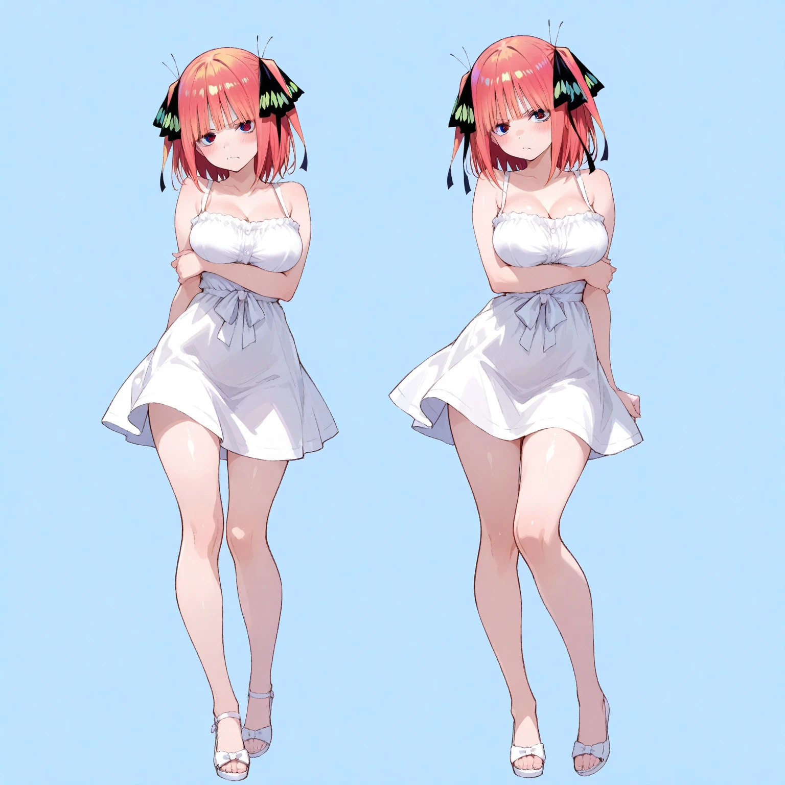 realistic image, detailed image, coherent image, 1 beautiful girl, she has shoulder length hair with blunt bangs, red hair, red eyes, smiling expression. She is wearing a strapless top, showing her navel, thin thong, pleated miniskirt, sneakers, She has a curvy body, small breasts and thick thighs, She is standing, legs crossed, arching her back, white background, uniform background , flower petals falling around, Soft focus, full body view, Dramatic shadows, Volumetric lighting, natural lighting,arima_kana
