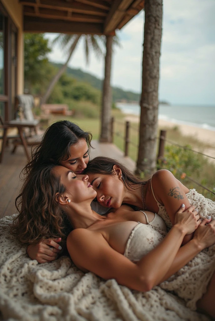 Two beautiful women kissing at sunset. 