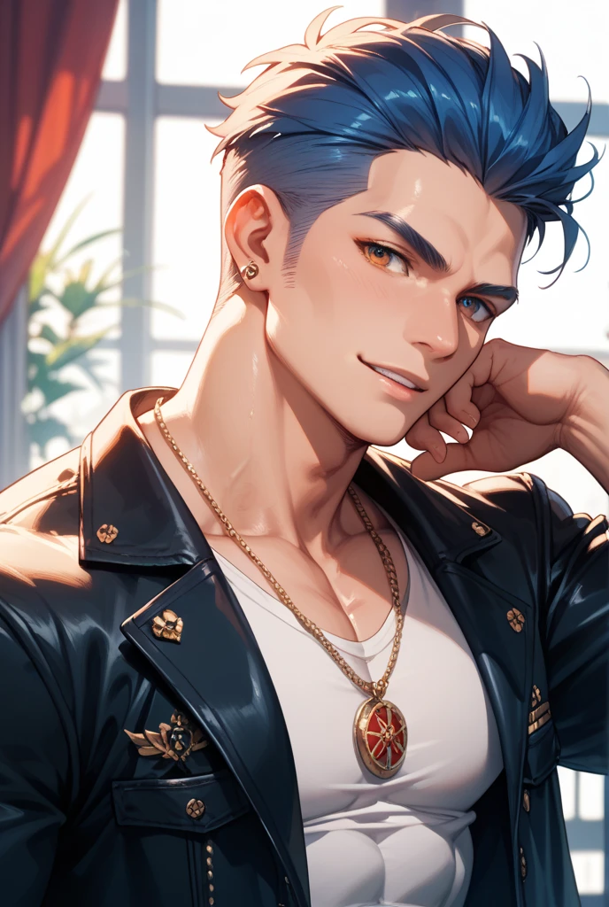 highest quality, 8K, high resolution image, anime style Jujutsu Kaisen, (Gilgamesh | Fate), detailed strokes, bored look, blurry, purple light reflecting from it, (close angle), 1 man, young, male, model, cooler Guy, multicolored background with different geometric shapes, around stickers, muscular, red eyes, dark blue hair, hairstyle, hairstyle: undercut, short hair, blue hair, puffy chest, he is wearing a cool shirt and black sweatpants, hand in pants pocket, golden link chain, background: room, recording studio,