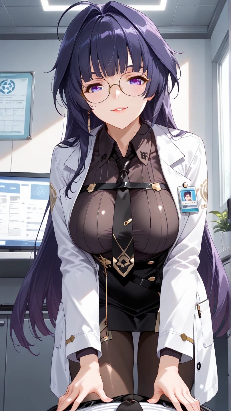 masterpiece, detailed, high quality, absurdres, meloco, 1girl, solo, arge breasts, curvy, wide hips, groin, choker, collared shirt, cleavage, black bra, labcoat, pencil skirt, side cutout, sitting, chair, infirmary,