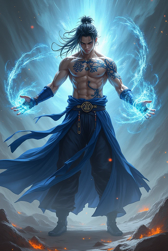 Masterpiece, top quality, blue hair, blue lightning, pointing the finger at yourself. Magic. Another world. Blue smoke billows. Handsome. Handsome man. Cool. A man in his 20s. Eyes that glow blue. Blue thunder. Suit. Airborne particles. Cloak. Necklace. Robe of feathers. A large sword with a blue pattern. Gold feather robe. Gold crown with diamonds. God.