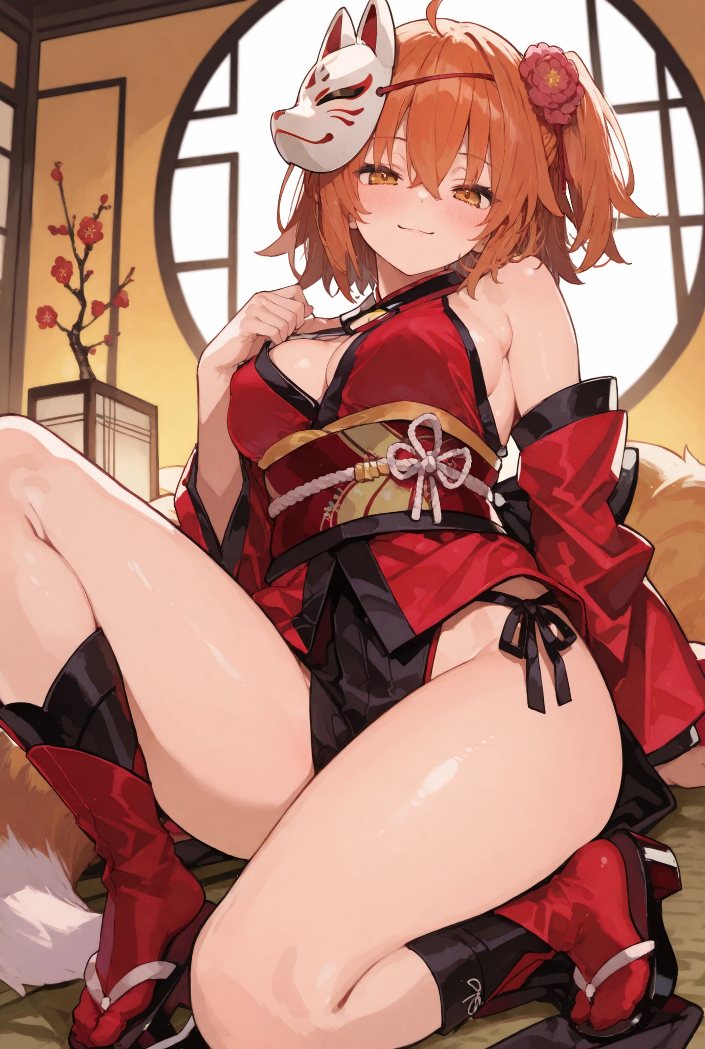 masterpiece, best quality, very aesthetic, absurdres, {{{masterpiece}}}, {{{best quality}}}, {{ultra-detailed}}, {illustration}, {{an extremely delicate and beautiful}} best quality Cute breasts smile glistening skin lower body fujimaru ritsuka \(female\)red kimono(Night:1.3)(((Night)))Fox mask geta TradingCard