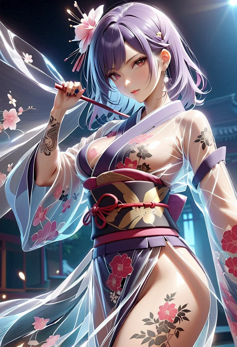 (a beautiful assassin girl), (kneel down with one knee),((perfect and thin)), short ponytail, (green hair),(gradient eye colors), ((bright and clear eye)), green eyes, (nocturnal clothes without sleeves), black short nocturnal skirt, (Japanese shrine), ((rapid lighting attribute), ((purple and dark blue lighting)), (anime style), (((cinematic lighting))), ((ray tracing)), ((reflection light)), (((first-person view))), atmospheric perspective, masterpiece, accurate, ((best quality)), high quality, super detail, high details, ((anatomically correct)), highRes, UHD