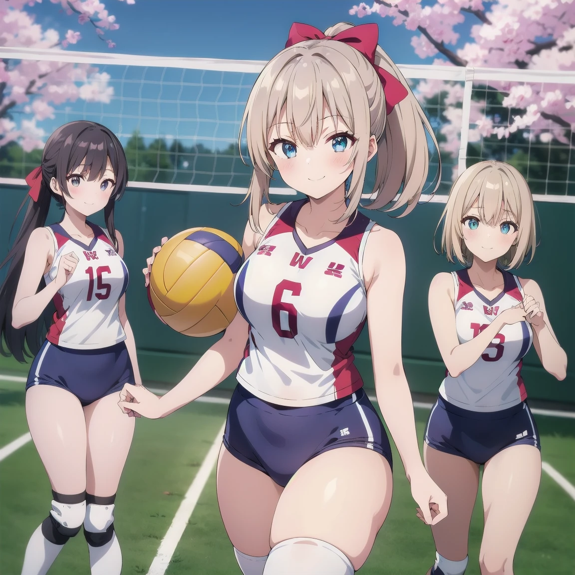 unity 8k wallpaper, anatomically correct, (((masterpiece))), (((best quality))), (((ultra detailed))), (((high-resolution))), ((super fine illustration)), ((Ultimate cutie)), ((detailed beautiful face)), perfect hands, perfect finger, (((good anatomy))), BREAK, multiple girls, lovingly gaze, harem, group picture, 17 years old, (potbelly), (Curve), medium breasts, ((thick thighs)), Shiny hair, (((coquettish smile))), (((blush))), BREAK, Adidas, Sleeveless collared Volleyball Uniforms, ((wristbands)), BREAK, (Hold the beautiful spherical 6-inch volleyball), ((Sweat)), (perspired), (Heavy breathing), in gymnasium, in volleyball court, depth of field, strong light, cowboy shot,,