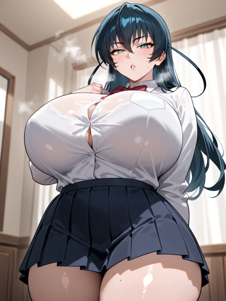 masterpiece, best quality, finely detailed, 1girl, pink_rose hair, pleated skirt, (school uniform), huge breasts, cleavage, (classroom,door,night),Five Fingers,Shiny skin,She want to have sex,she is inviting me,bad eyes,(skinny body type),