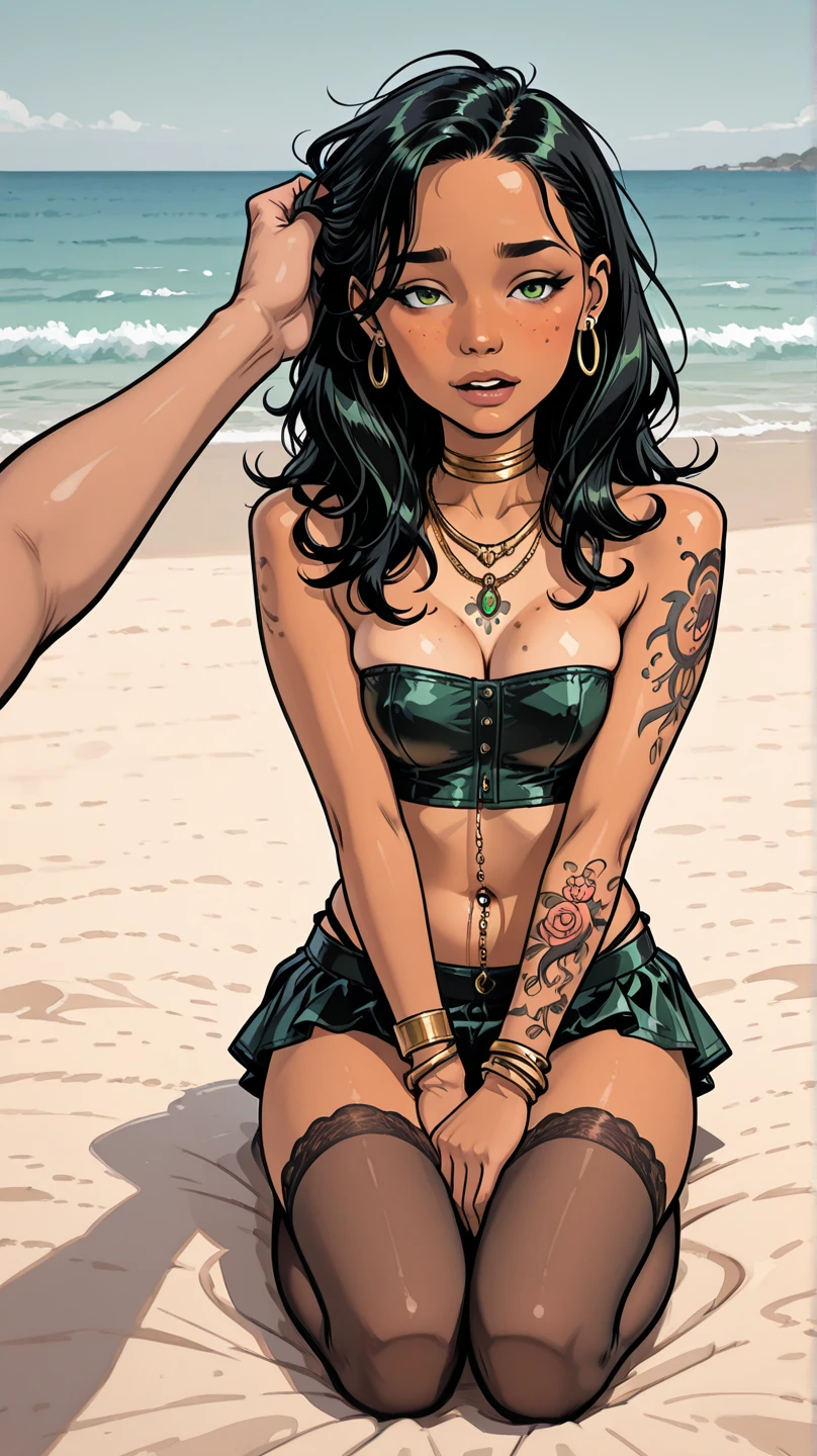 araffe woman in a bikini and sunglasses standing in front of a palm tree, looks like fabiula nascimento, hands behind her pose!, her belly button is exposed, hands behind her body pose!, 30-year-old woman from cuba, wave a hand at the camera, music video, brazilan supermodel, sexy pudica pose gesture