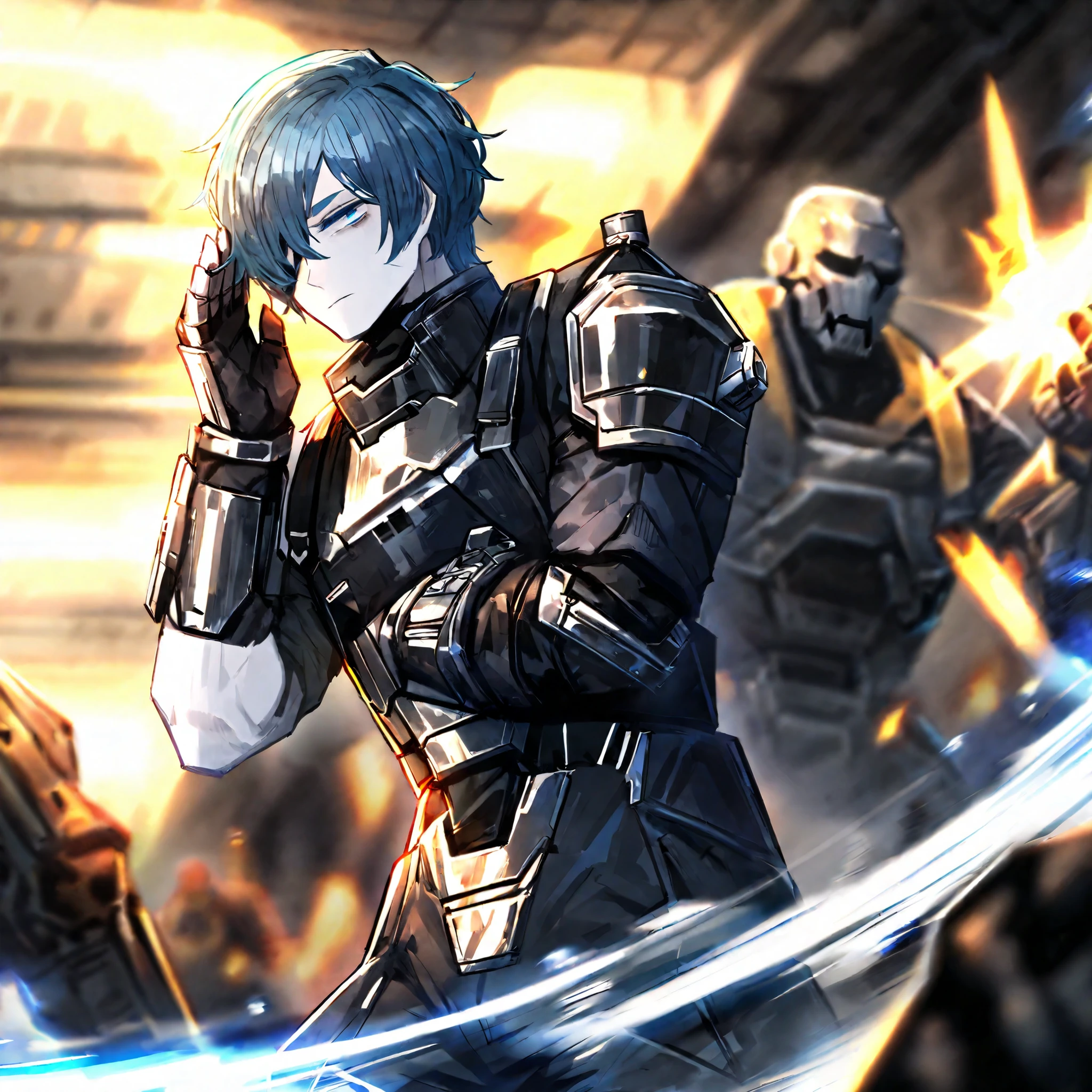 Blue hair covering right eye, blue eyes, dark mechnic outfit, male, white skin, iron gauntlet, male