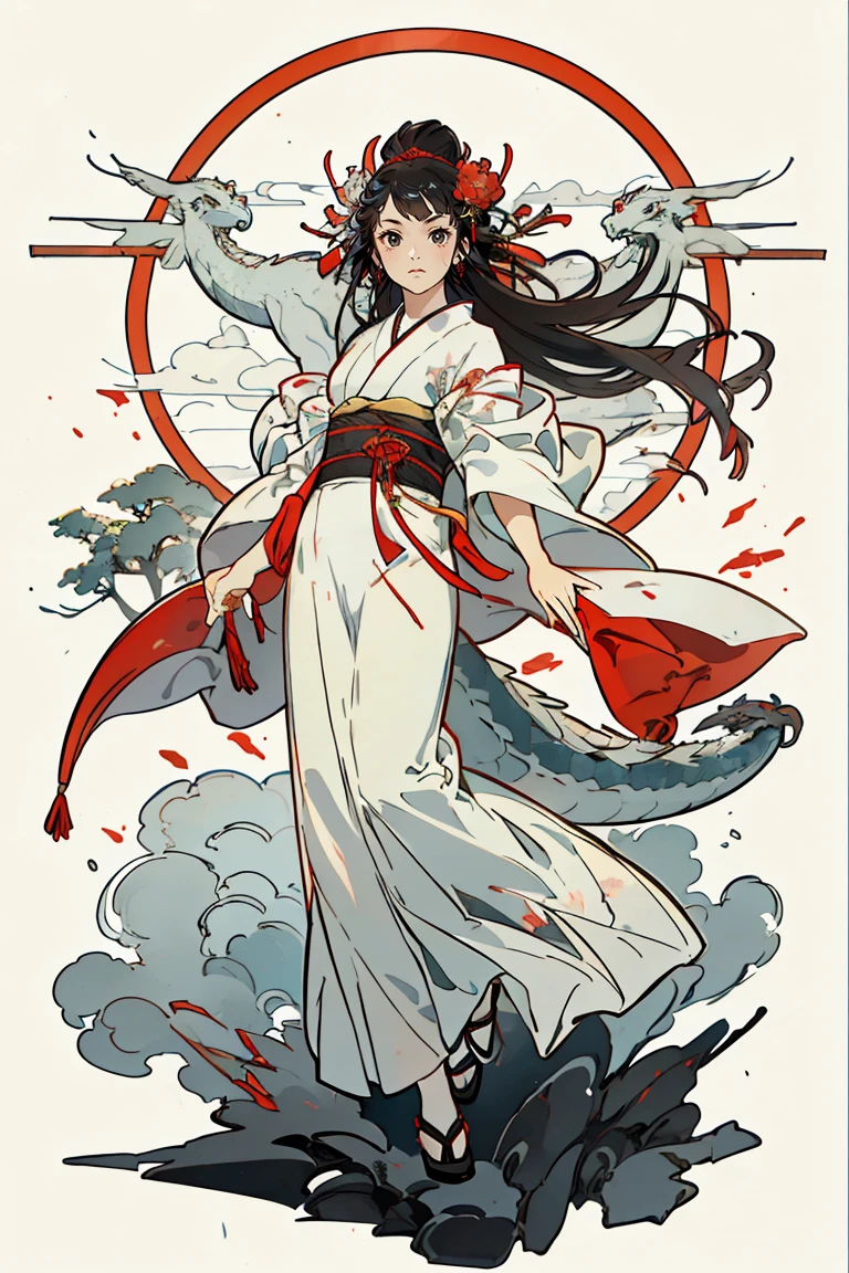 A long-haired girl dressed in red and gold has her head bitten off by a dragon, surrounded by traditional symbols such as lanterns, renku poems, and gold bars. Standing in front of the background, the colors are bright and vivid, but also a little eerie.
