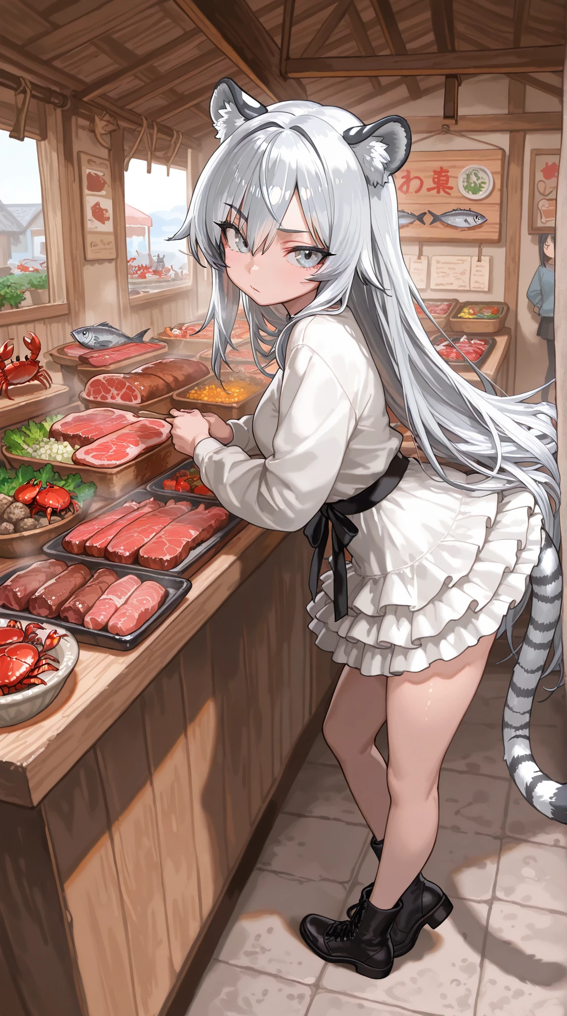 1 Girl,Kagura Mia ,white hair,Heterochromia,Half closed eyes,(Giddenmei 1.5),double braid hair,Barefoot,White underwear,White bra, (Butcher shop:1.4),(As a gift, Holding),(dirty, man juice stains:1.1)),(((exhibit))),shame,Give