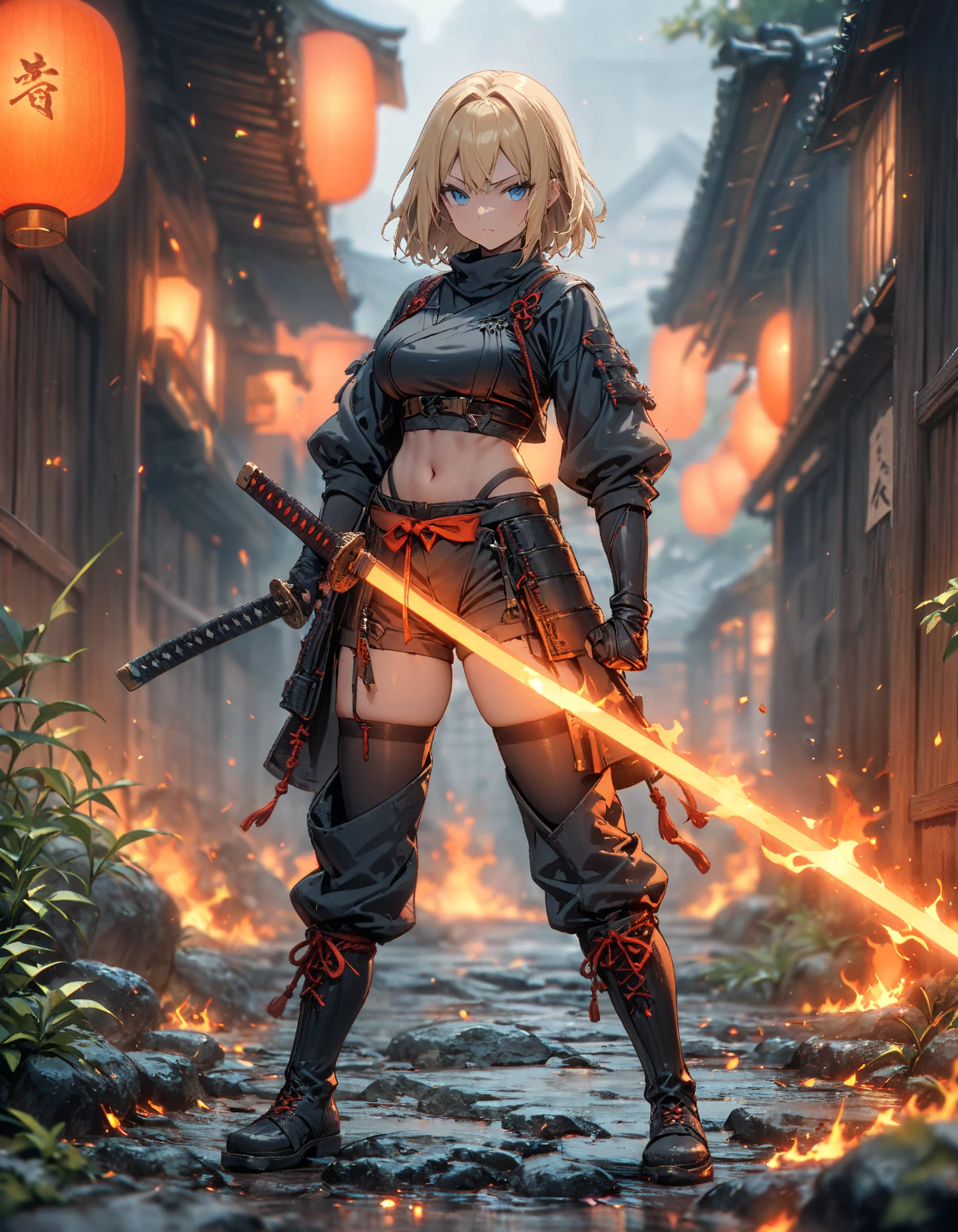 masterpiece, best quality, 1girl, blonde_hair, blue_eyes, boots, breasts, clenched hand, clenched hands, crop top, full body, gloves, knee boots, medium hair, medium breasts, midriff, navel, bob hair, solo, standing, thighhighs, turtleneck, black leotard, ninja, (holding a samurai sword, katana, glowing sword), burning japanese village backdrop, danger atmosphere, grim, stance, full body with costume