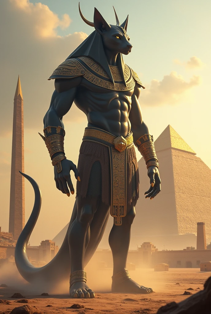 Colossus Anubis  in egipt , piramids,high quality, detailed background, 8k,35mm ,detailed face,  detailedeyes,