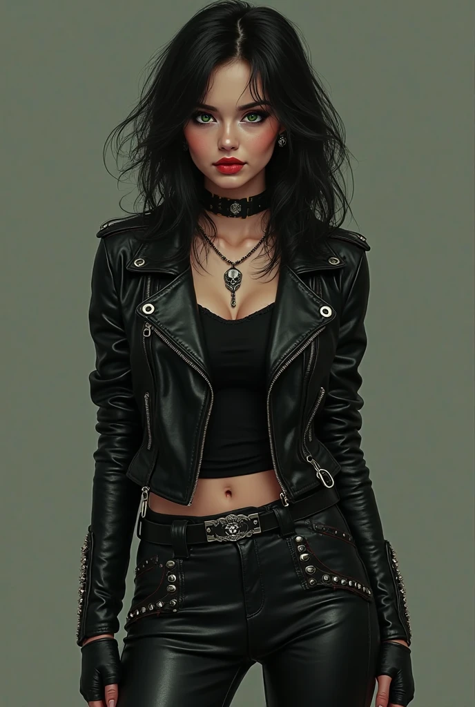 gothic rock lady leather pant and leather jacket, black long hair, blacsk eye, black lips