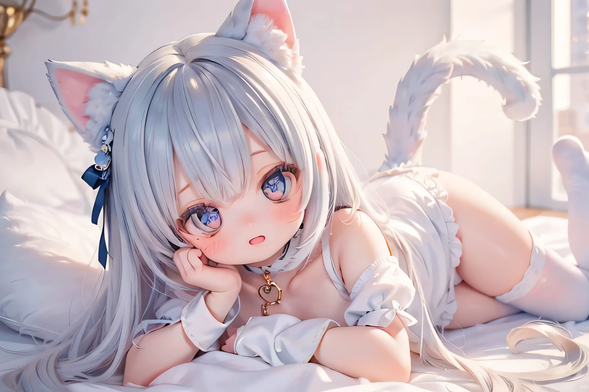 -yeld giTank top、mini skirt、White Hair、Fluffy long hair、Red eyes、Cat's eyeid-chest、Neat and clean dresses、fellatio,