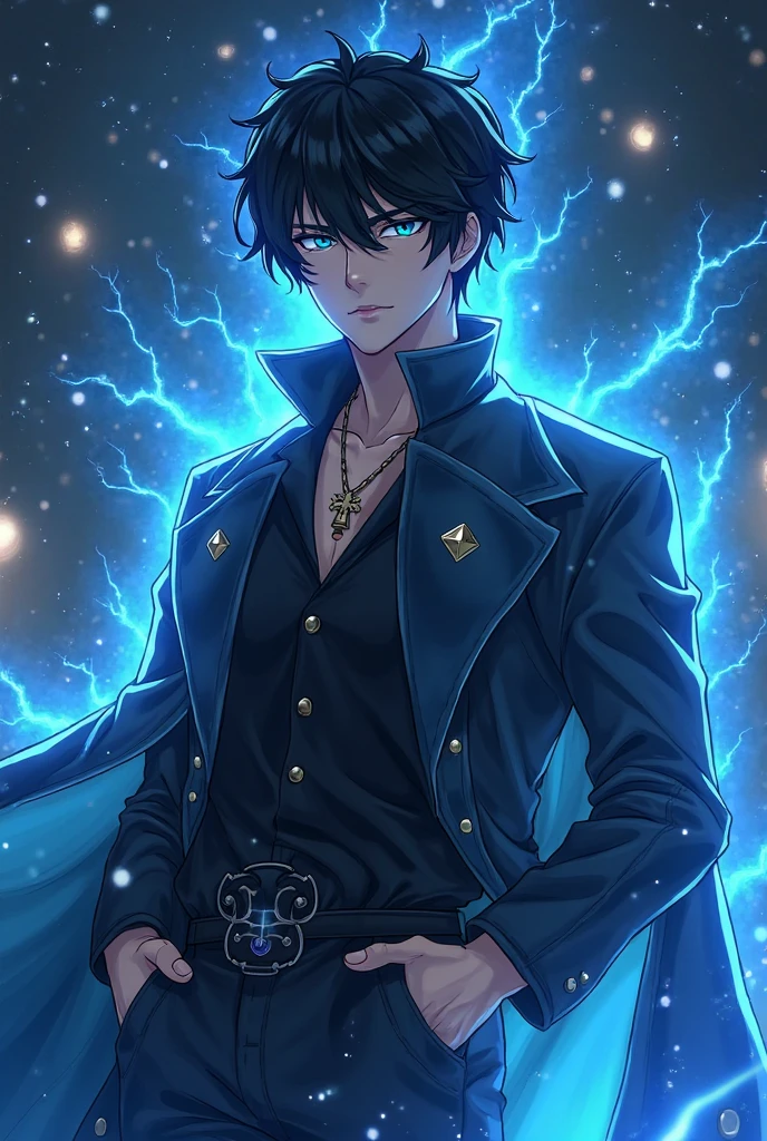 absurdres, highres, ultra detailed, HDR, master piece, best quality, Chrollo Lucilfer, black hair, expressive brown eyes, cross tattoo on the forehead, Hunter x Hunter, black leather coat, blue earrings, solo, sexy man, handsome, toned chest, moon, blue blossom, blue flowers, shining blue lights, fireflies