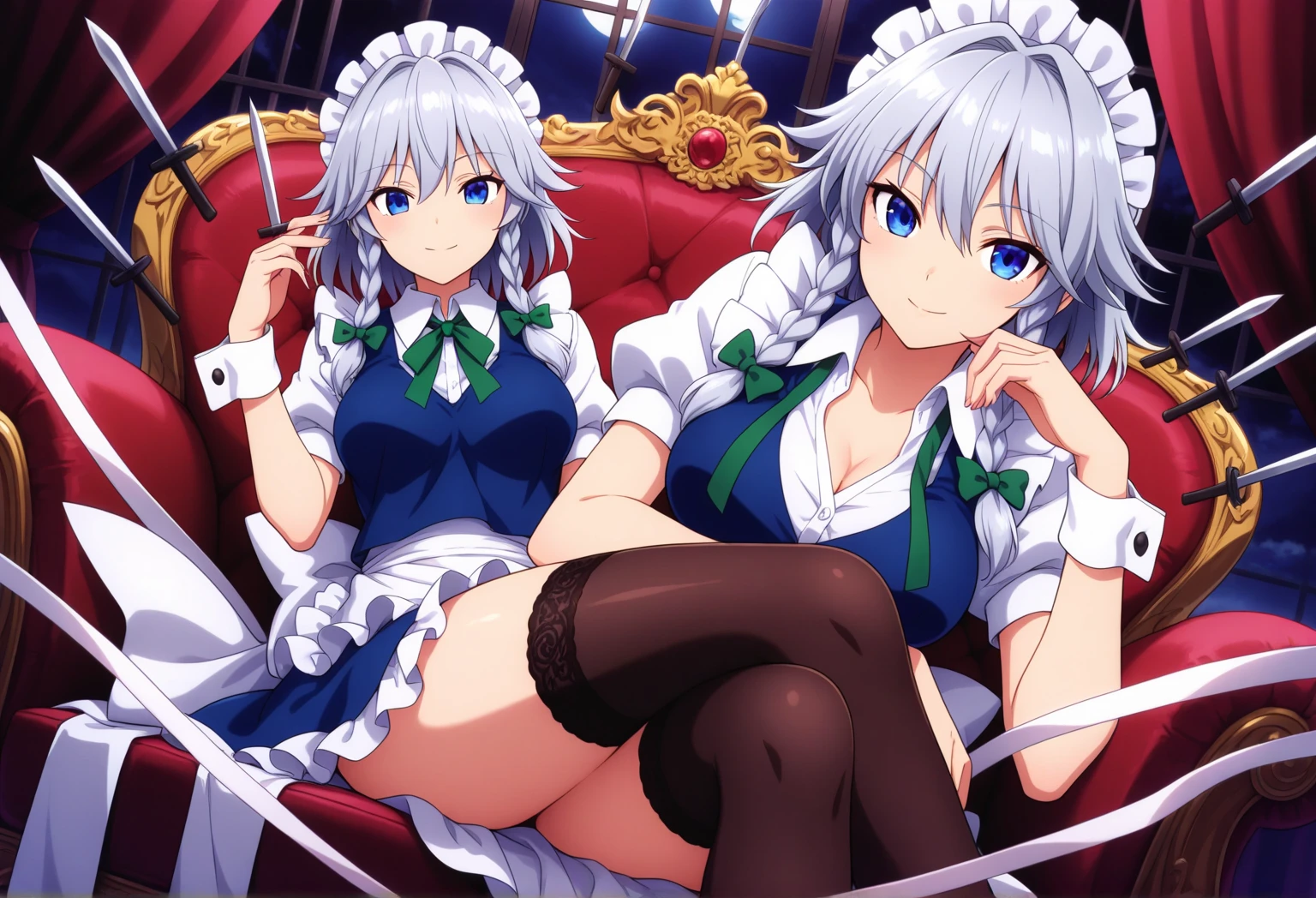 (((one women))),(((izayoi sakuya))),(touhou), red eyes, maid, medium hair, twin braids, grey hair, maid headdress, blue dress, puffy short sleeves, maid apron, waist apron, white apron, green bow, hair bow, waist bow, white bow, ,(large breasts),(((full body))),(((arms behind head,spread legs))),(((white background))),(((Diagonal angle)))