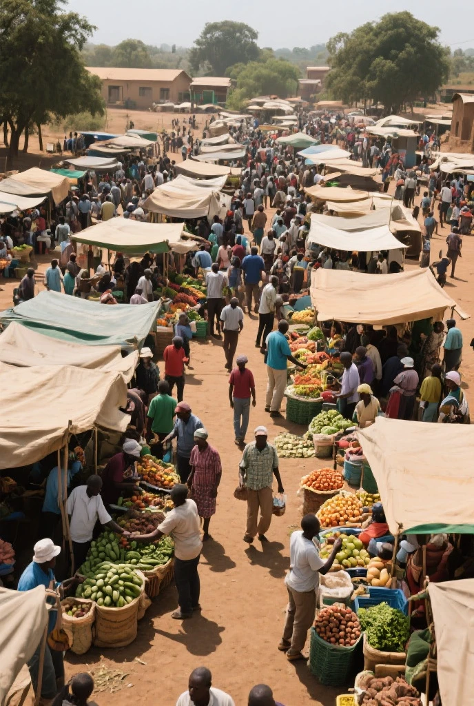 a market with many boxes of fruits and vegetables , there are many trucks ,there are 5 people selling , The place is full of people shopping..