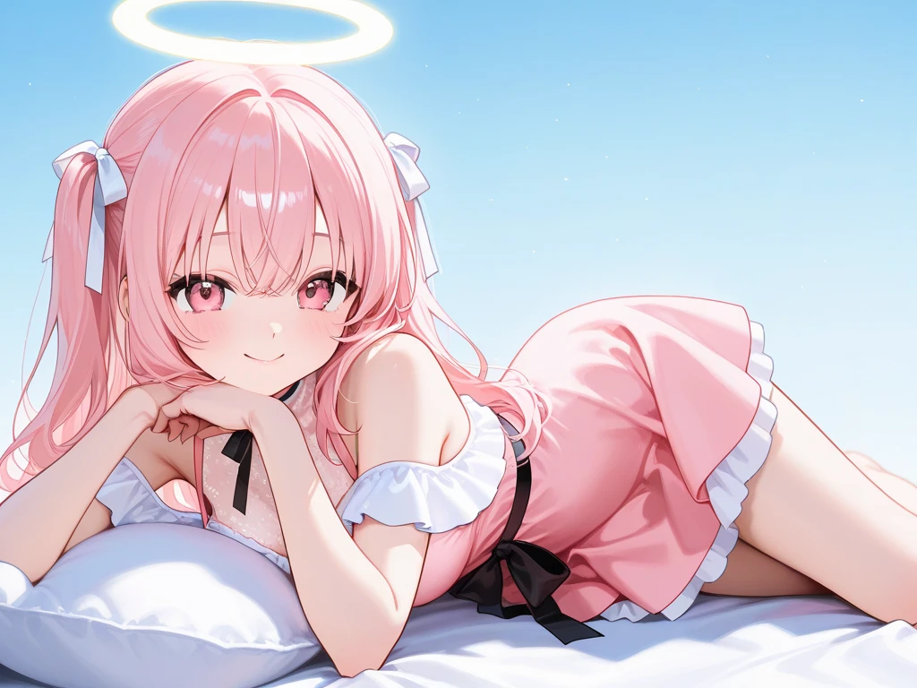 (high quality, 8k, 4K, high contrast, artwork:1.2, high quality, best aesthetics), (centered), ((1 woman)), erotic, sensual, sexy woman, mature body, super detailed, perfect breats, perfect wide thighs, (light pink hair, long light pink hair, wavy light pink hair), (blue eyes), (naked wrapped in a pink blanket of the bed), (clothes off), (pink angel halo), (calm expression), (standing), (looking at the viewer), (front view), (completely black dark space), (messy bed), (pink light coming from the sky highlighting the character), (sitting on the bed)