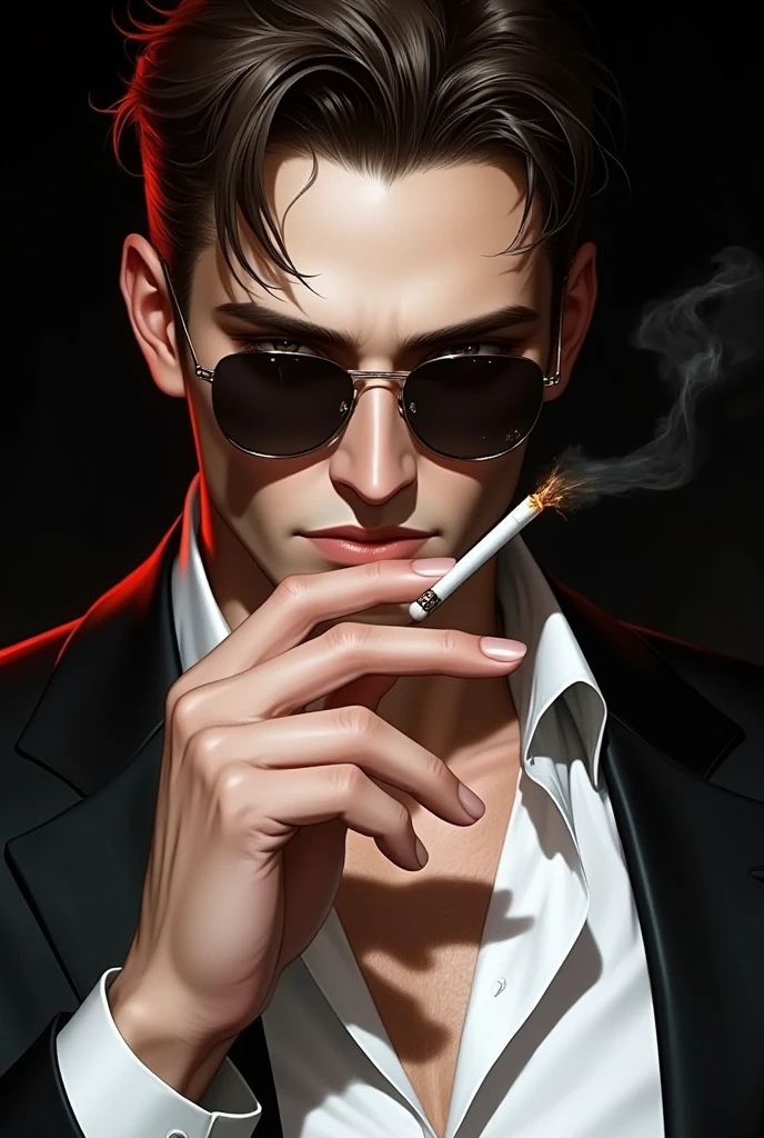 solo, black background, 1 boy, holding, upper body, male focus, hand up, side, cigarette, head out of frame, smoking,realistic