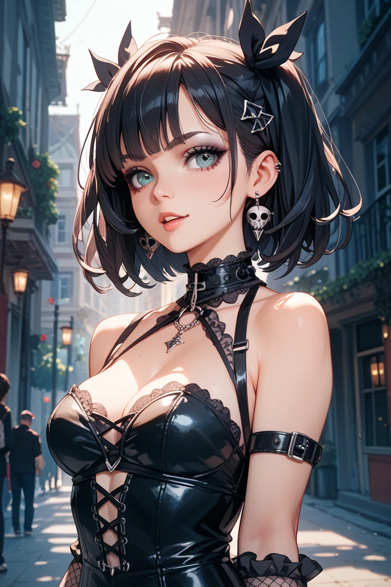 (8k, RAW photo:1.2),best quality, ultra high res,dramatic angle, masterpiece, best quality, extremely detailed CG unity 8k wallpaper, masterpiece, best quality, ultra-detailed) perfect face, skimpy revealing elaborate Leotard, sexy goth girl, black lipstick, gothgal, Short Blue Hair, Silver detailing. necromancer