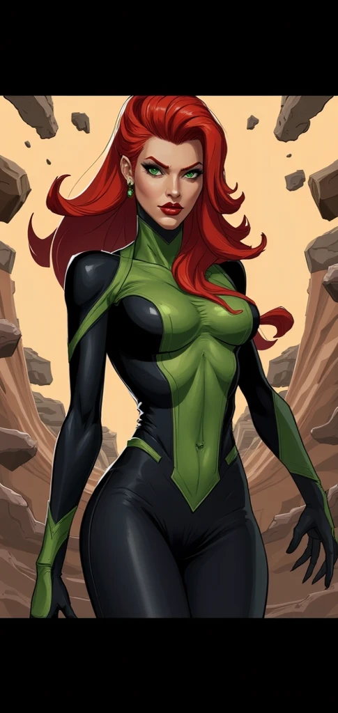 1woman, x-men, comics style, long red hair, green face-framing headpiece, bodysuit, green top, green shoulder pads, black leggings, green high boots, green fingerless gloves