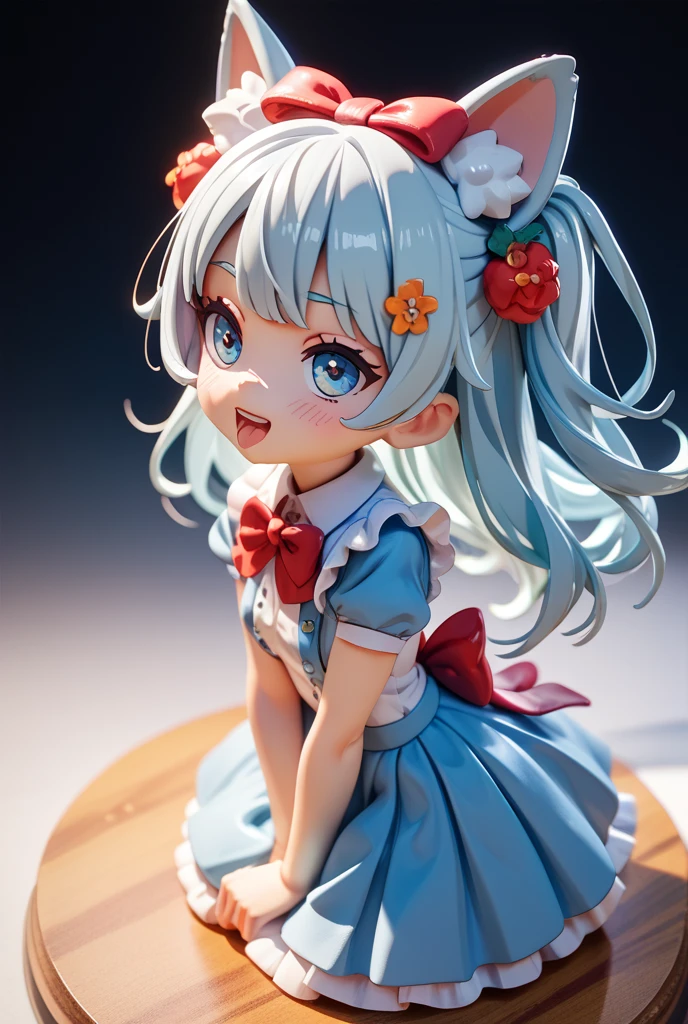 photoRealstic、Doll standing in front of the painting(nendroid)、A smile、Water droplets on the cheeks、Make a heart with both hands in a cute pose、watercolor Nendoroid、(High Definition Figure)、Flowing iridescent silk、up of face、Eye Up、Colorcon with heart pattern、Floral dress、There are also flowers in front of the nendroids、flower petals、season!!: 夏天☀ 🍂