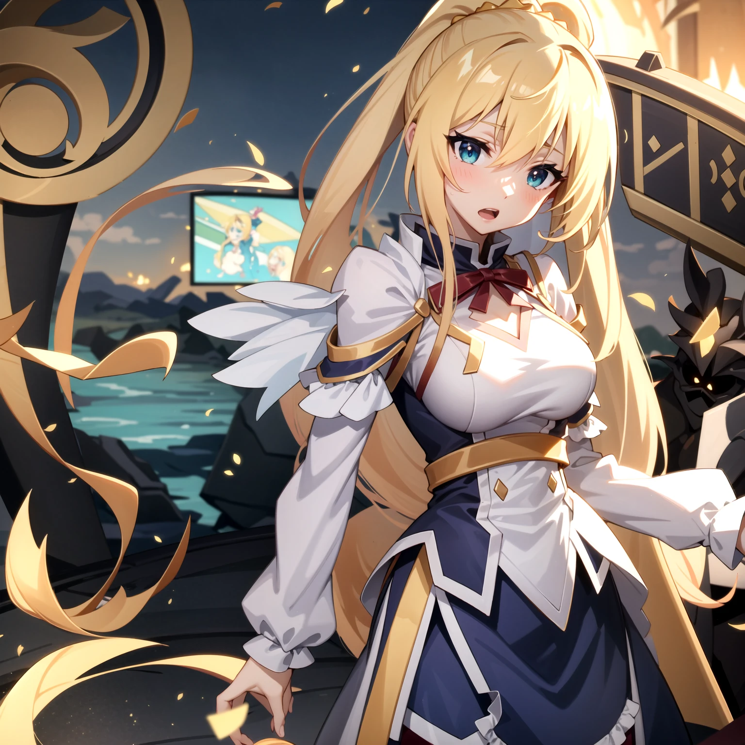 tall body, tall, long legs, mature female, mature, adults,
eft_Conservative_Darkness, Darkness (Konosuba), 1 girl, Gold, blue eyes, long hair, hair accessory, x hair accessory, ponytail, open your mouth, armor, solo, aqua (Konosuba), anime coloring, chest, day, parody on ko, Outdoors, upper body、pubic hair