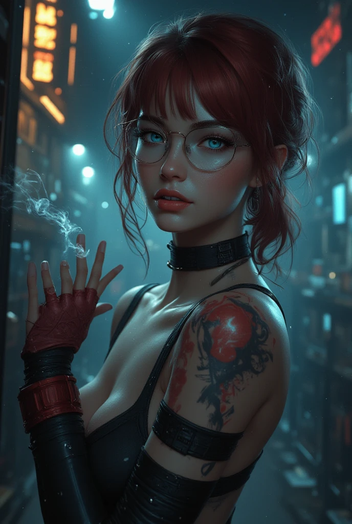 ( 
    (Character: one irish woman, (40 years old), red hair, ponytail hair) 
    (Clothing: cyan vintage dress, pantyhose, high heels boots, glasses)
    (Pose: upper body shot:1.7, dynamic pose)
    (Background: dark alley at night:1.3, intense urban lights in background, cyan color scheme:1.3) 
    (Style: ((masterpiece:1.5)), (face detailed), photo-realistic:1.3, hyperrealistic, film grain, realistic lighting)
)