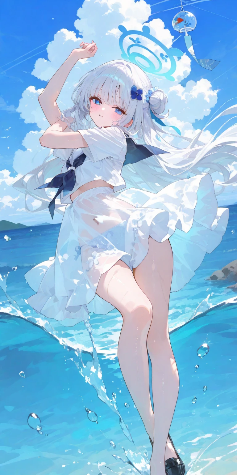 white hair,school swimsuit,Loli,loli,small breasts,No breasts,slender,cute,It's exposed,reaching out,lotion,Wet,