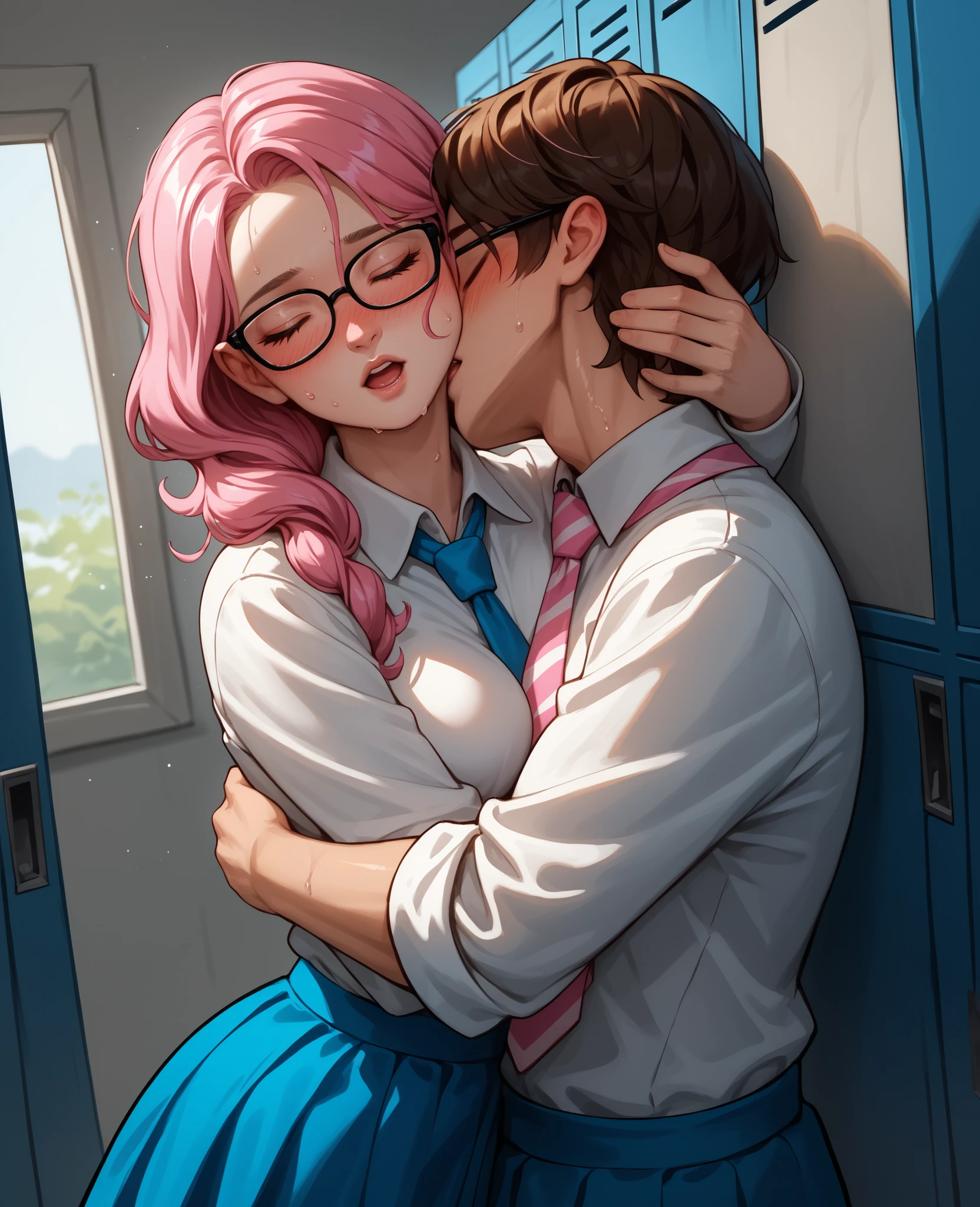score_9, score_8_up, score_7_up, 1woman, solo, hair, closed eyes, white milky porcelain skin, white-skinned female, black square glasses, shoulder length pink hair in a bob, lovely medium breasts, perfect body, white shirt, blue and pink striped tie, blue skirt, sweat, female organism, open mouth, looking at viewer, head tilt, nose blush, blush, indoor, locker, day time, shiny skin, against door, standing , upper body, 1girl, 1boy (faceless, face on girl's face,
intense kiss, deep kiss, kiss ), hug. Dutch angle.