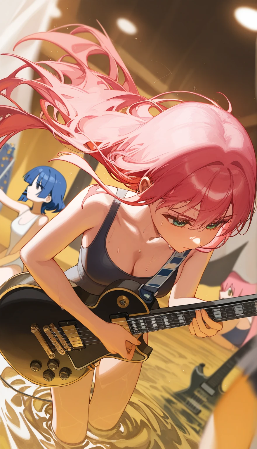 (masterpiece:1.2, best quality), (highly detailed:1.3),  3girls, 14yo, teen, rock band, (bikini), leather shorts,  play electric guitar, in bedroom, sing, aggressive, heavy metal,