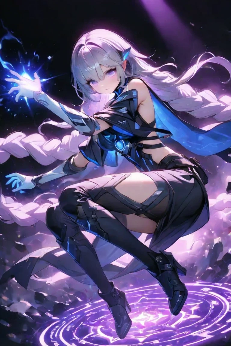 Masterpiece,1 girl, long hair, black hair, pink eyes, Beautiful skin, Beautiful arms, beautiful hands, Bust Cup B, narrow waist, Beautiful hips, Beautiful slender legs., Beautiful feet, sword fighting posture, female warrior, Black Bodysuit, Armor, A set with a futuristic mechanism, black jacket, metal armband, Black wings, Clean the wings, Blue lights follow the body suit, fly, Magical light , Huge fantasy sky, flame, thunder, dynamic light, 8ก, Masterpiece, very detailed, realistically