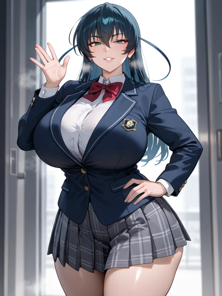 (((picture perfect))), (absurdres), 1girl, xenovia quarta, , looking at viewer, smile, large breasts, standing, outdoors, KuohAcademyUniform, sunlight, lens flare, rip on her clothes at the breast area