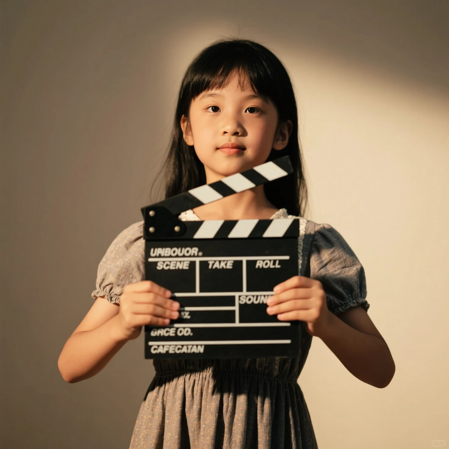 CHILD girl holding a clapping board with a movie script on it, stock image, girl in studio, film production, movie studio, movie star, studio shooting, movie clip, subject action: holding sign, subject action: holding sign, holding sign, toy commercial photo, movie set", music video, movie scene, filming, modeling studio,  studio photography, behind-the-scenes photo