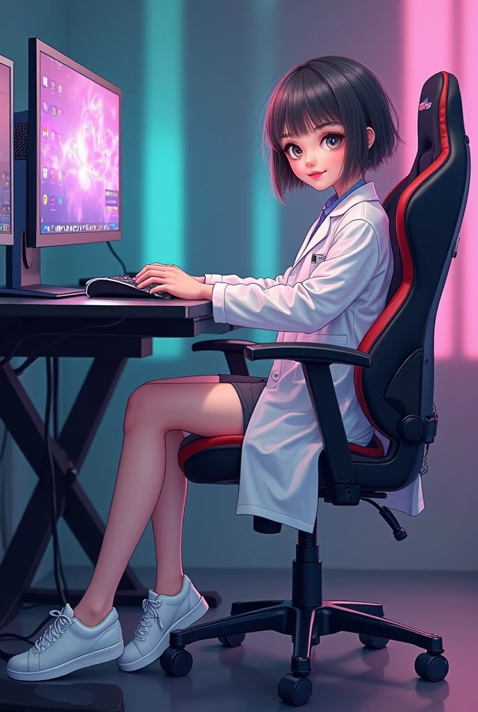 (junkotvv, cabello negro, orejas de gato, ojos rojos), The room is dark, but LED indirect lighting and LED PC parts illuminate the inside of the PC, making it bright.The keyboard is also a model with blue LEDs that shine in the gaps, and the mouse has a logo that glows with red LEDs.
A girl is wearing VR goggles in her housecoat, holding a VR controller and playing some game, sitting on a gaming chair, her legs raised on the edge of the gaming chair. There is,