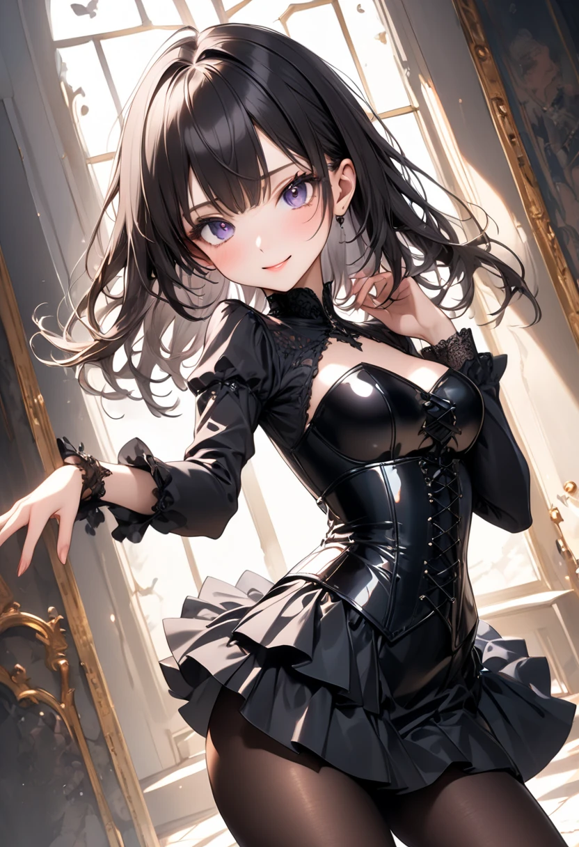 (((Wearing an elegant, shiny gothic dress a silk, corset and skirt, pantyhose))), skinny, solo, 1 woman, Masterpiece, highest quality, highest quality, 16K, incredibly absurd, highly detailed, 2.5D, ai-generated, delicate and dynamic, very delicate facial expressions, delicate eye depiction, erotic, only sexy woman, ((A cute and kind face)), healthy figure, ((25-year-old woman)), 160cm tall, medium firm swaying bust,, blush, Sweat,Embarrassed,sexy, ((thin thighs)), NSFW, (Erect nipples:0.8), shiny and lustrous, facing straight at viewer, smile, ((Oily_skin)), ((dutch angle)), ((erotic pose)), Fashion Model poses, Fashion Model style, (Close-up),