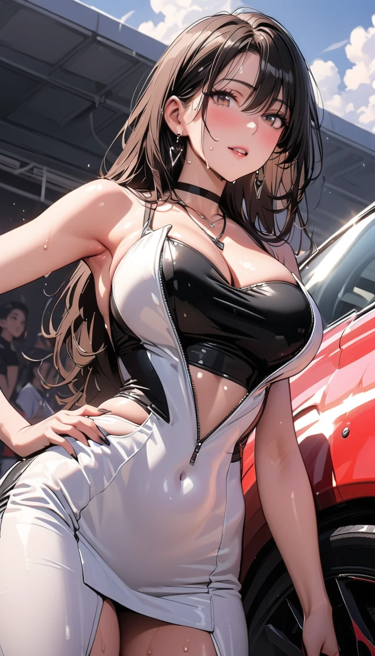 1 lady only, permanent, /(Racing girl/) /(Silver clothing with logo/) mini skirt, Mature female, /(Light black hair/) Bangs, Friendly smile, (Masterpiece best quality high resolution 8k), Beautiful illustrations, Edge color, Pretty Face, Medium breasts, thigh boots rest (permanent next to the latest model car), (Holding the panel with the car name) rest (Indoor car show), audience, Detailed background,huge , Crazy breast swelling, Chest larger than shoulder blades, Big breasts and thin waist,(huge breasts:1.2),Hydrated skin((rogue))((非常huge乳房)),((Grooves reveal original skin))