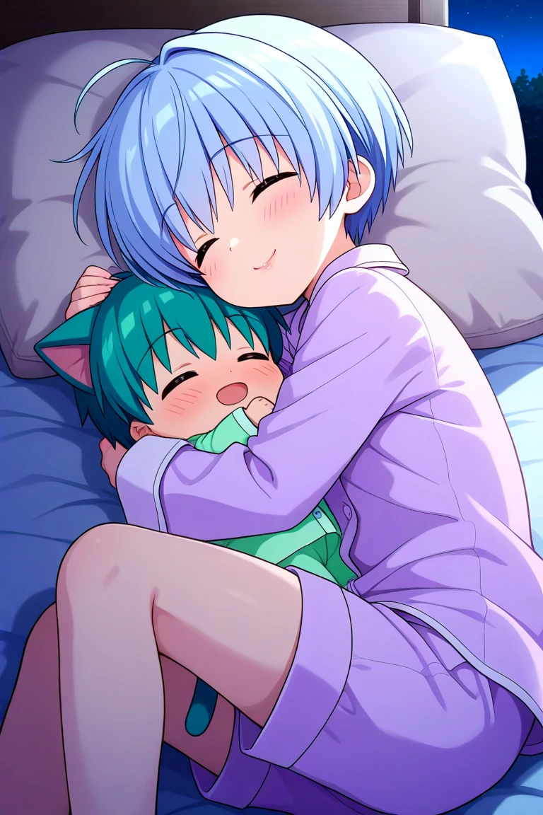 Cute anime boy, skin very white, blue hair, laying on the sofa, barefoot, nice feet, smiling, receiving foot massage from a dark skinned boy