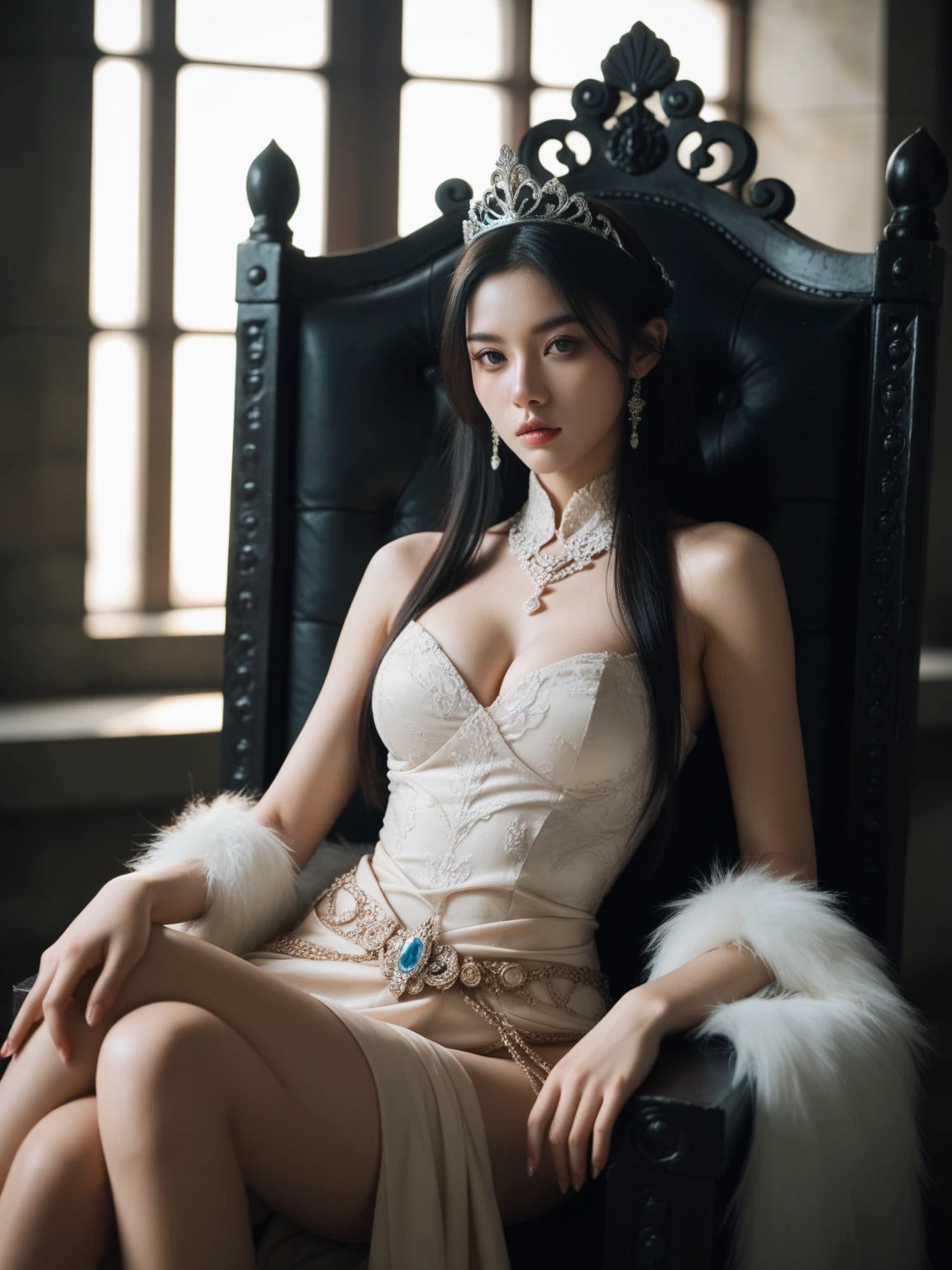 Western European princess, dim basement, humiliation, slightly pregnant belly, half squat, begging, tall, royal jewelry diamond jewelry, princess crown, luxurious light bright evening dress, dress, beautiful stiletto heels, stiletto heels, big breasts, white skin, 8k,